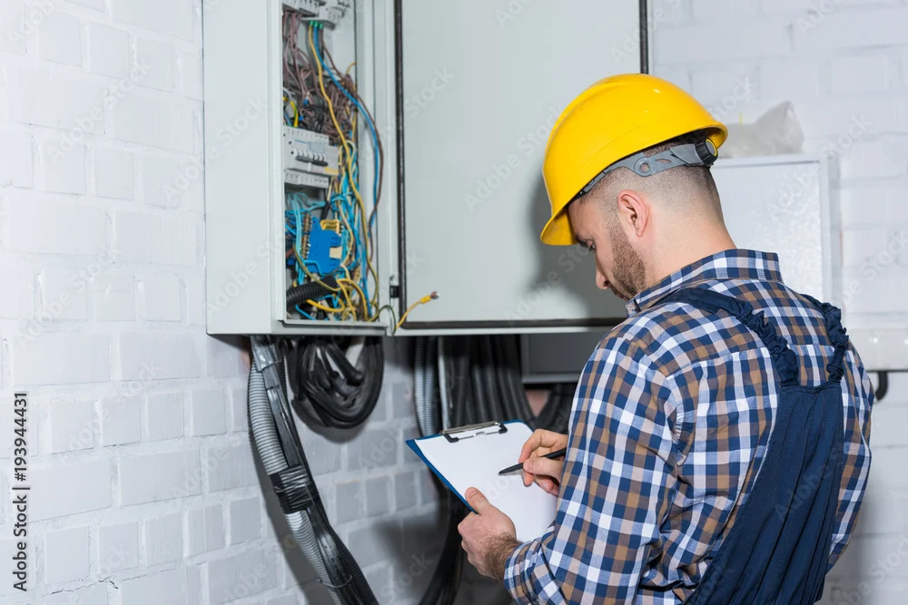 Electrician in a yellow hard hat checking the wiring in a fuse box and making notes on a clipboard